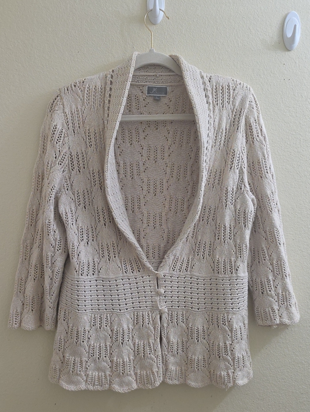 Boho Open-Knit Shawl Collar Cardigan, Large
